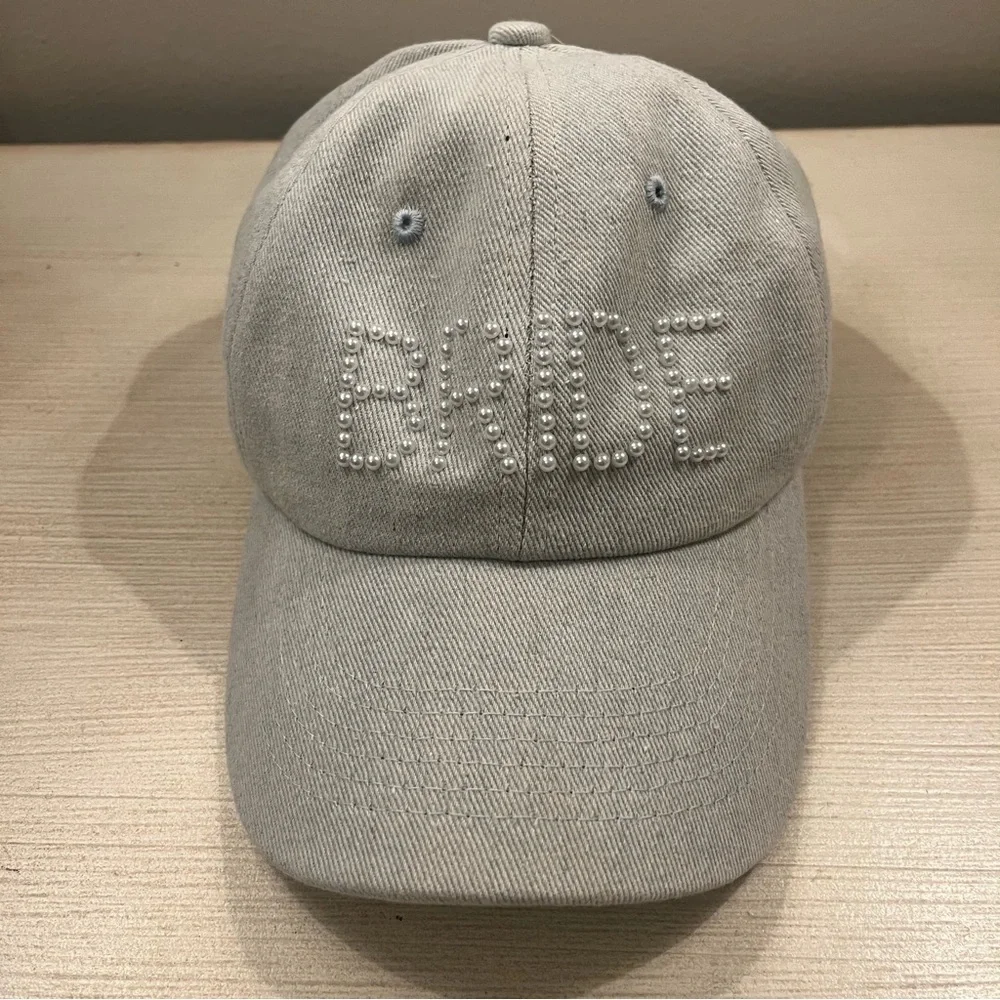 Francesca’s Pearl “BRIDE” Chambray Baseball Hat NEW NWT 🤍 Bridal Bachelorette - Picture 2 of 6